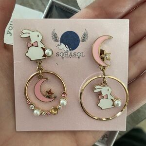 Pink and Gold Rabbit Moon CLIP-ON Earrings